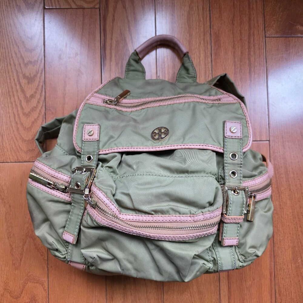 *Tory Burch* Green and Brown Nylon Backpack with Drawstring and Snap Closure